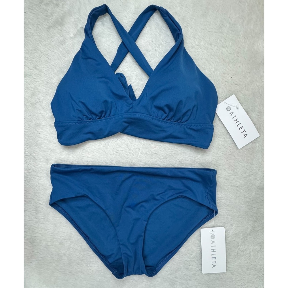 Athleta Bikini Set Womens M Blue Plunge Top Clean Full Bottom NWT